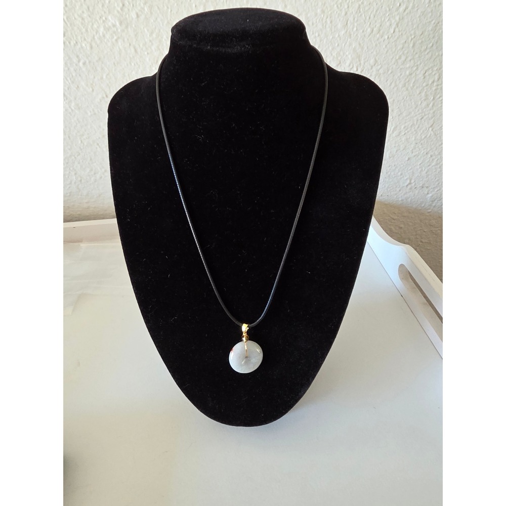 Natural Jadeite Jade Donut Pendant Necklace Black Cord Pi Disc Green White